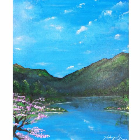 原画★1点限り★オリジナル絵画（アクリル画）「Lakeside in spring（2020）」原画（F6サイズ）【手描き／湖・湖畔・桜・春・山・自然・風景・美術品・アート・インテリア】