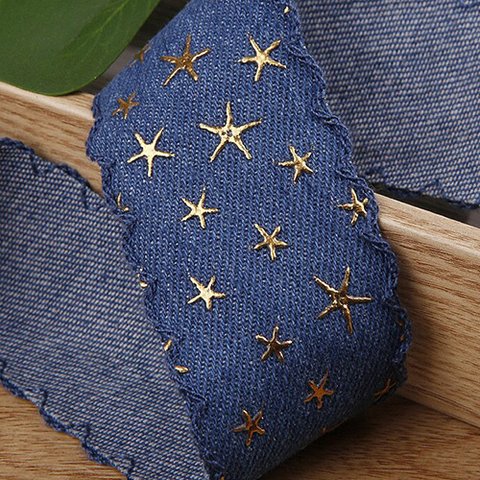 デニムファブリックリボン【 Gold foiling star / Blue】40mm×50㎝