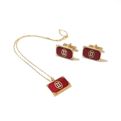 「Cartier」 Vintage Bordeaux enamel Tie Clip & Cuffs