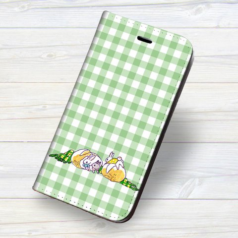 ★iPhone 専用 フラップ無し手帳型ケース★坂本奈緒 うさぎ ネコ チェック グリーン