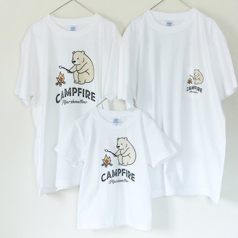 3枚セット 親子リンクコーデに マシュマロを焼くクマ アウトドア キャンプ Tシャツ_H005