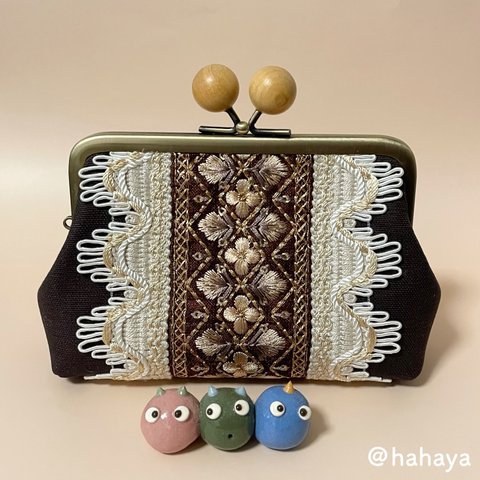 インド刺繍リボン×レース×木玉のカードケース（ブラウン）小銭入れ