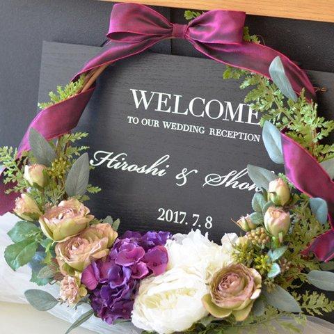 weddingフィーノ人気の木製ウェルカムボード×フラワーリース　ピンクホワイト