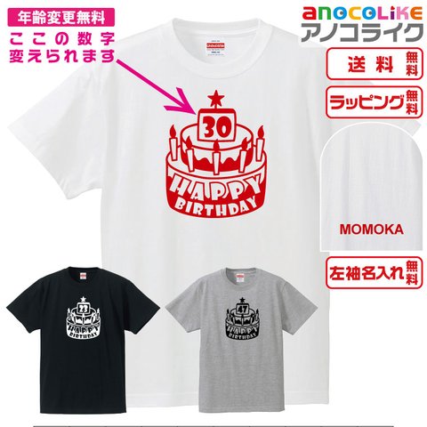 【送料無料】■オリジナル誕生日Tシャツ（バースデーTシャツ）【ケーキの年齢は変えられます・左袖名入れできます】　【7種類の配色から選べる】　■サイズはキッズ・レディース・男女兼用まで各種あります●オリ