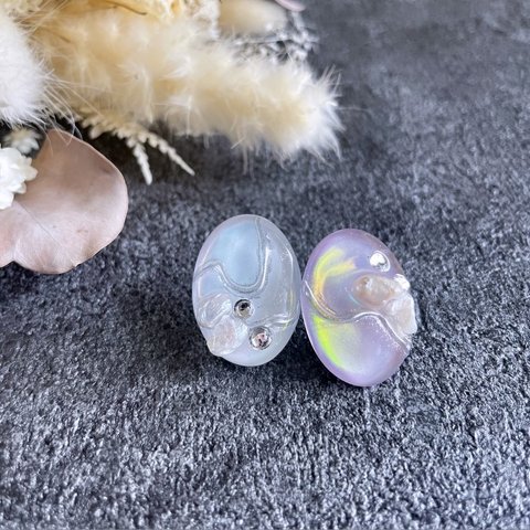 glass oval aurora perl silver Earrings