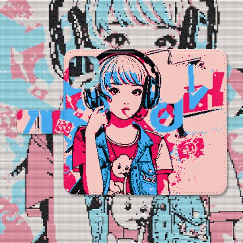 80’s レトロゲーム風ヘッドホンの女の子ドット絵 手帳型スマホケース  　iPhone Android各機種対応 ハイクオリティタイプ 