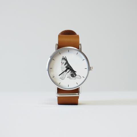 シベリアンハスキー（ブラック＆ホワイト）の腕時計