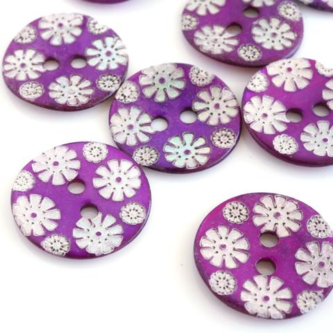 (２個) フランス製 貝ボタン 15mm 花柄 パープル ＊ シェルボタン 紫 女の子服