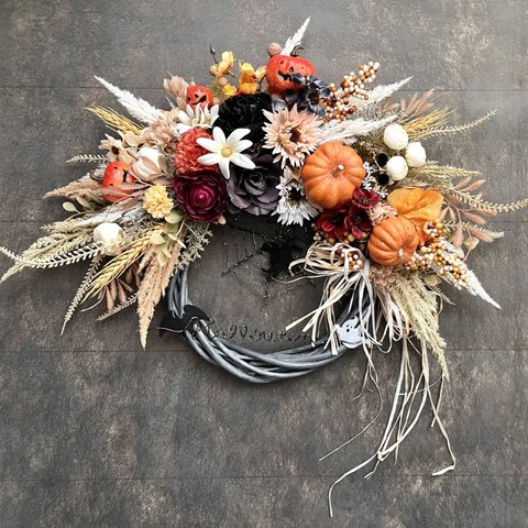 No.wreath-15468★ハロウィンリース22-(5) クモの巣&トリプル・ジャックオランタン　40x52cm・アーティフィシャルフラワー/造花リース/ハロウィンリース/大型リース