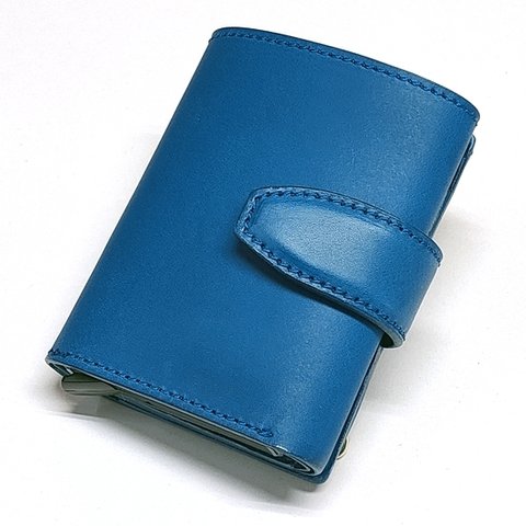 カードスロット付き3つ折り財布 ステッチカラー変更可 サドルレザー ミニウォレット ブルー