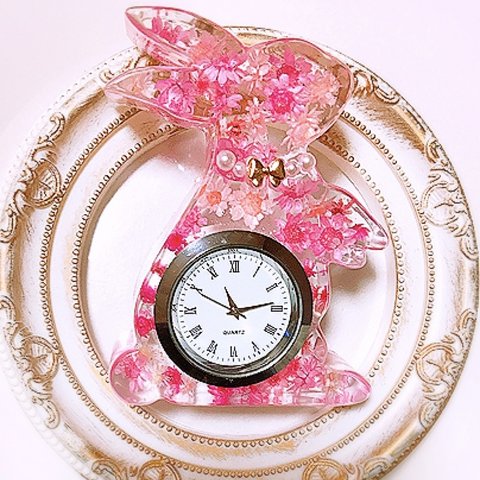 期間限定♡ピンクなお花畑-うさぎ置き時計