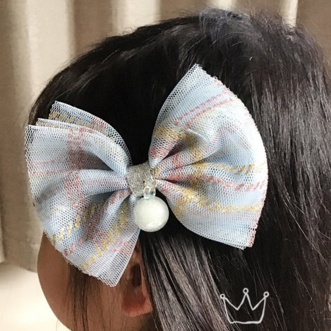 チェック柄　可愛い子供髪飾りリボン🎀ボンボンゆらゆら　ヘアゴム　ヘアクリップ オーガンジーリボン　チュールリボン