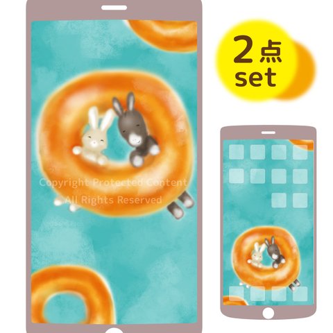 スマホ壁紙「ぷかぷかドーナツ」レトログリーンのホーム画面＆ロック画面