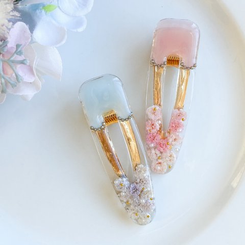 【2点セット】かすみ草のヘアクリップ　レジン　ドライフラワー ハンドメイド