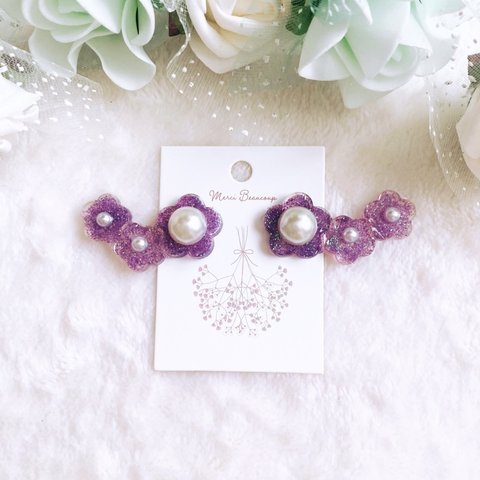 【SALE】お花と大粒パール イヤーカフ風耳飾り(purple)