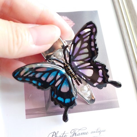 鞄の中 鍵の迷子防止！✨キークリップ✨立体蝶々 青×紫 