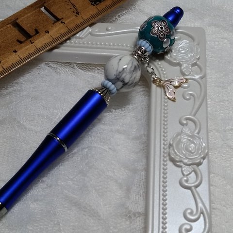 ♡ブルー＆天使の白い羽根チャーム♡カスタムボールペン　キラキラボールペン