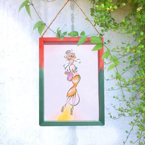 みやこ染め 木製フレーム & イラスト B5【Picnic】原画 / 壁掛け 額縁 桜
