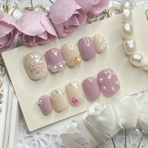 サイズオーダー♡ フラワーシェル×パールネイルチップ　パープル　size order nail tip