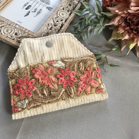 【仮置きマスクケース】お花刺繍リボン×コーデュロイ生地♪