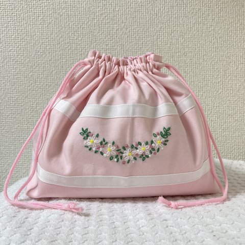 (再販)  お受験バッグ  手刺繍巾着袋　手刺繍お弁当袋　おむつ入れ　私立小学校