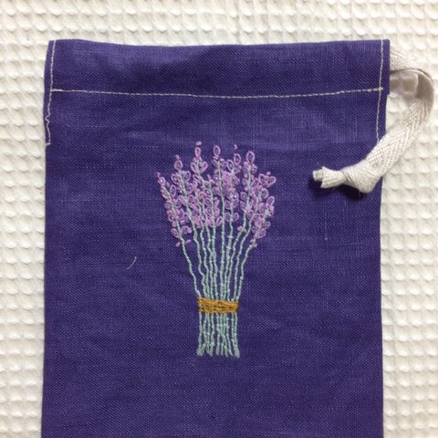 リネンの刺繍ミニポーチ☆ラベンダー