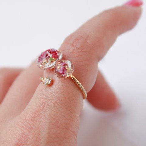 【押し花ring】フリーリング 指輪 押し花 かすみ草 ゴールド 華奢 レジン 透明感