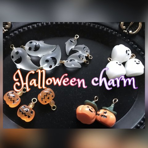 01 2個かぼちゃ ハロウィンチャーム オバケ ジャックオーランタン カン付き パーツHELLOWEEN