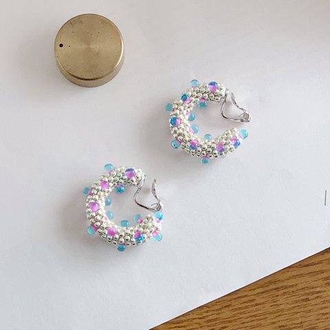 \new!/  candy silver ((SS))/ beads crochet Ctypeフープイヤリング／ピアス
