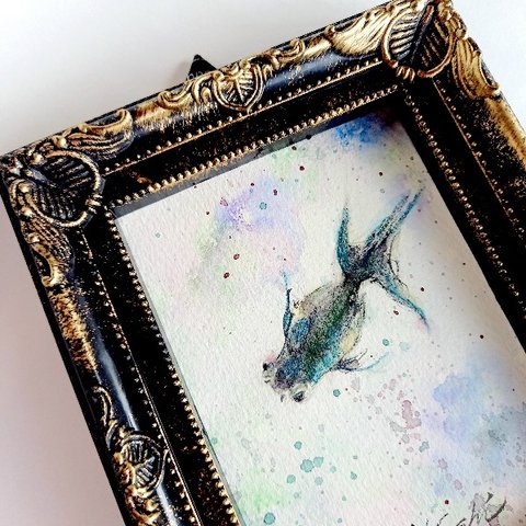 [原画]水彩画『夢』黒い金魚art一点ものプレゼントに#絵画