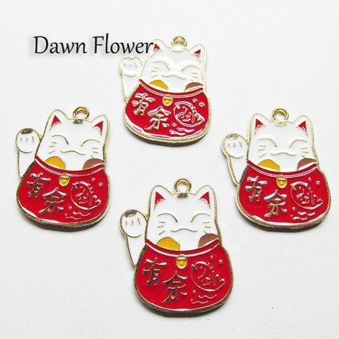 【D-0647】5pcs　まねき猫　魚柄　30×25mm　レッド　チャーム