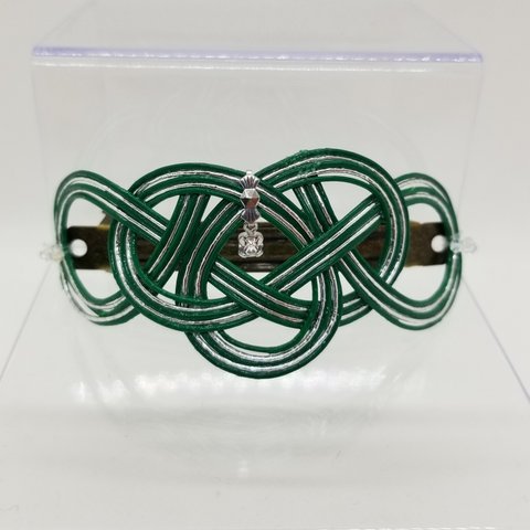 バレッタ　水引　あわじ結び　スワロフスキー・クリスタル 緑　Hairslide  Mizuhiki Awaji knot Green Swarovski Crystals Elements