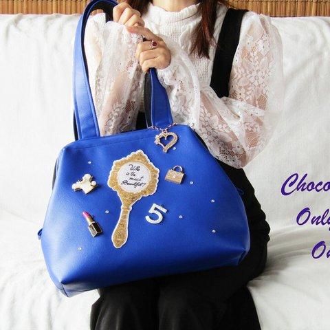 1点物！！綺麗なブルー合皮生地✨女性が好きを詰め込んだコスメ系✨パカっと開くバッグ(縦型)【256】