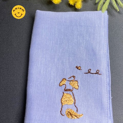 リネン手刺繍ハンカチ「犬」30cm×30cm「あおむらさき色」
