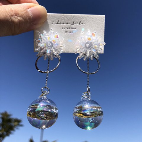 【特集掲載】clear flower beads × bubble pierce / earring シャボン玉 オーロラ ウェディング ブライダル 結婚式 2way クリア シルバー 水入りガラス