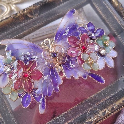 （A）アネモネとマーブルの蝶バレッタ（hair ornaments of butterfly and botanical flower〜anemone〜）