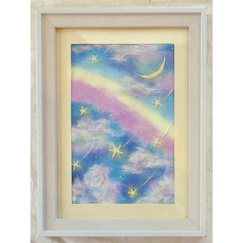和紙ちぎり絵『虹の星空と流れ星』葉書サイズ原画