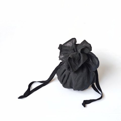 ベルギーリネン　フリルギャザー巾着バッグ　　ブラック