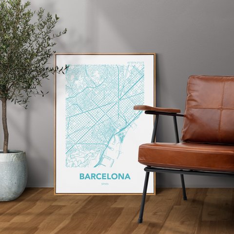 アートポスター MAP バルセロナ スペイン ブルー L判 ハガキ 2L判 A4 A3 B3 A2 B2 アート モノトーン 地図 インテリアポスター【MAP_BL-A07】