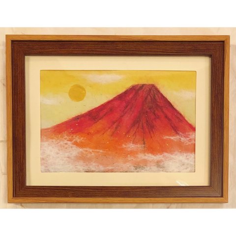 和紙ちぎり絵『赤富士』葉書サイズ原画