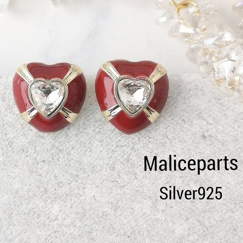 【4601】2個 Silver925 ピアス ストーン レッド ハート ゴールド【a77】malice