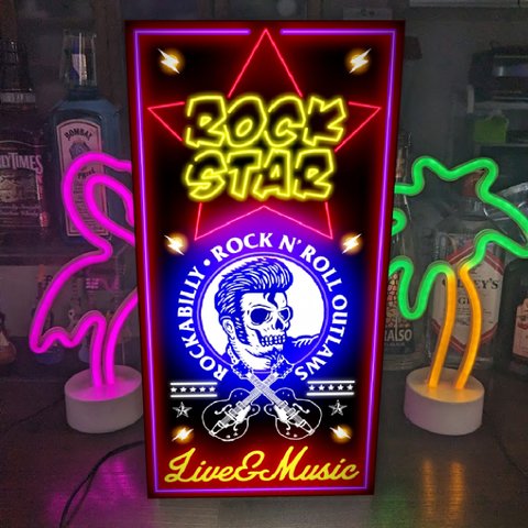 【Lサイズ】ロックスター ロッックギター ロカビリー スカル ライブハウス レコード CD 店舗 自宅 パーティー イベント サイン ランプ 照明 看板 置物 雑貨 ライトBOX 電飾看板 電光看板