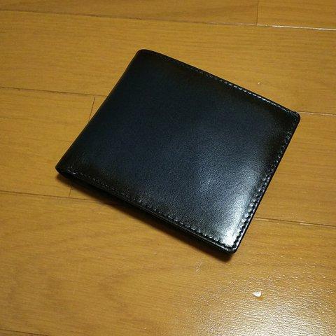 本革 ハンドメイド こがし加工 2つ折り 短財布 軽量 スリム ヌメ革 ネイビー