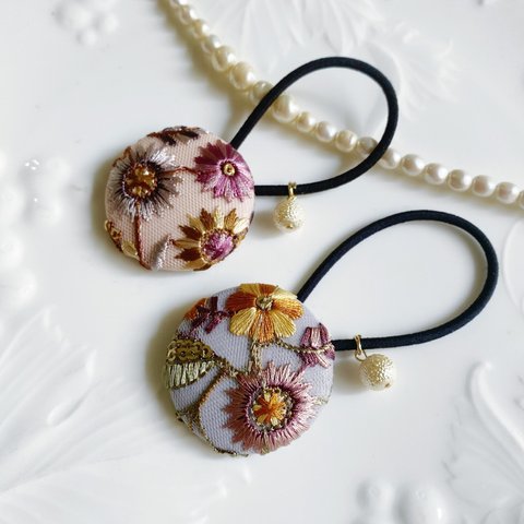 flower刺繍テキスタイル　ヘアゴム