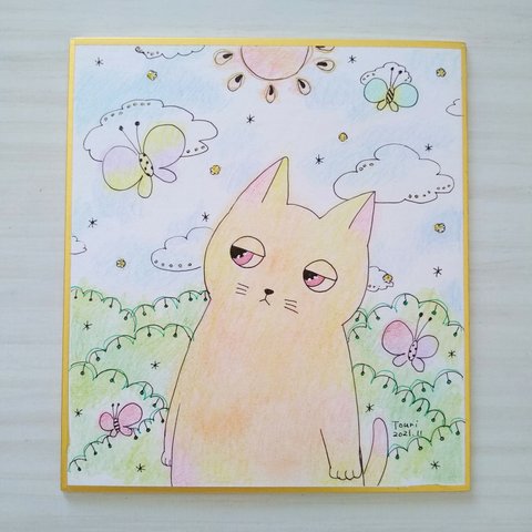 ☆原画・額なし☆ ふんわり＊猫イラスト／色鉛筆&ペン