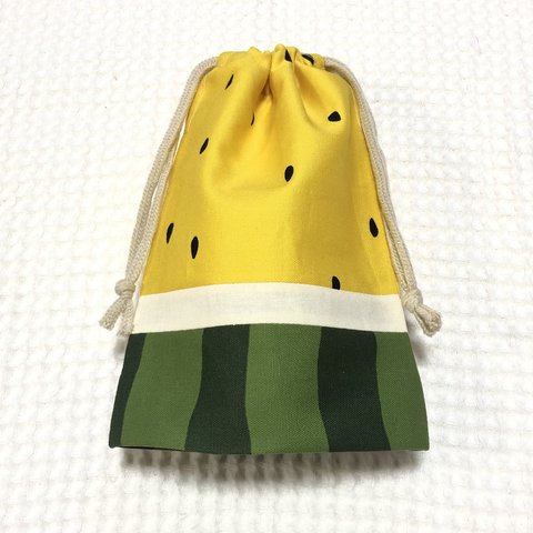 少し縦長巾着袋 マチ付き☆スイカ🍉イエロー【再販】