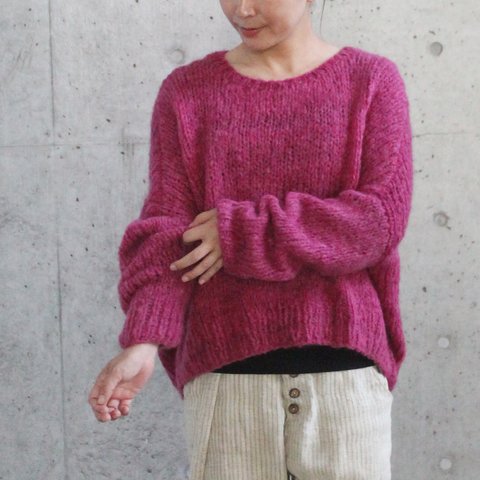 手編みモヘアショートセーター　チェリーピンク