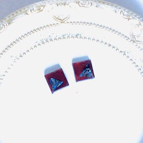 青螺鈿赤紫スクエアピアスイヤリング【1574】Mother-of-pearl Square pierced earrings#ピアス　