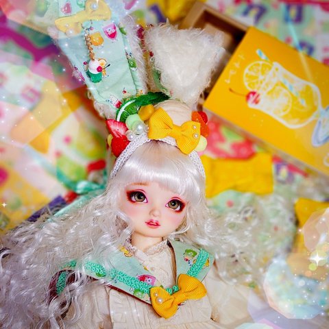 『sweets heaven』 🐰耳(ワイヤー入り)クリームソーダ カチューシャ＆セーラーつけ襟　 (40cmドール対応サイズ)SDM