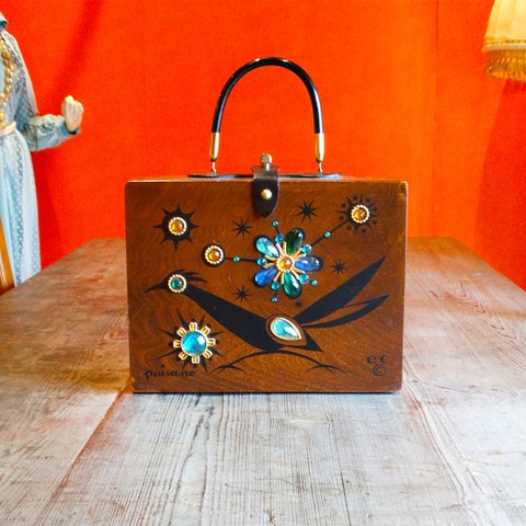 60s Enid Collins bird × flower wood box bag